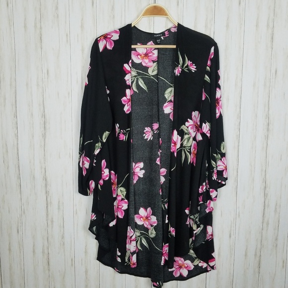 torrid Sweaters - Torrid Black & Pink Floral Printed Kimono Cardigan